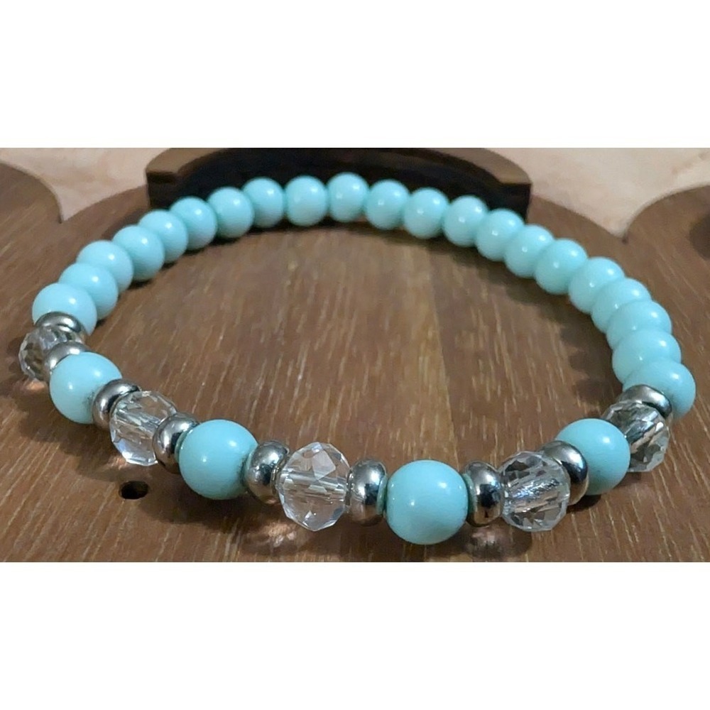 New Stretch Beaded Bracelet Blue Silver Tone Clear Beads Coastal Boho OSFM